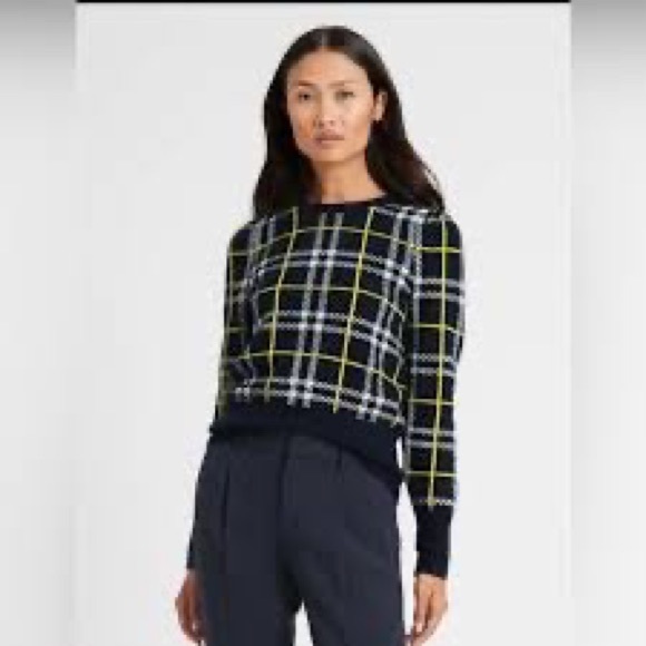 Banana Republic Aire Puff-Sleeve Sweater, Navy & Chartreuse Plaid, XL - Picture 6 of 8